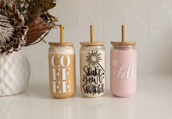 Glass Tumbler, bamboo lid & straw with vinyl decal